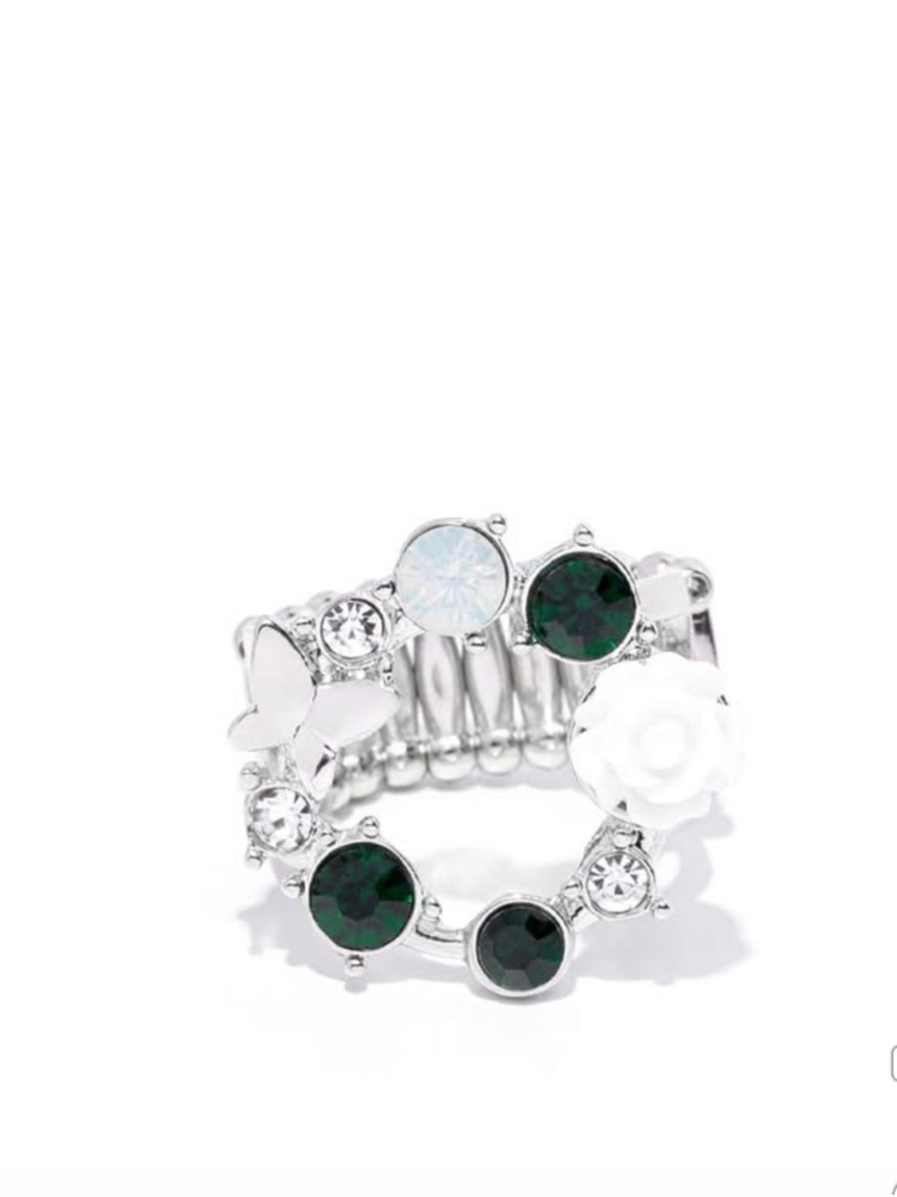 paparazzi Silver-Tone Stretch Ring with Dark Green Stones and White Flower